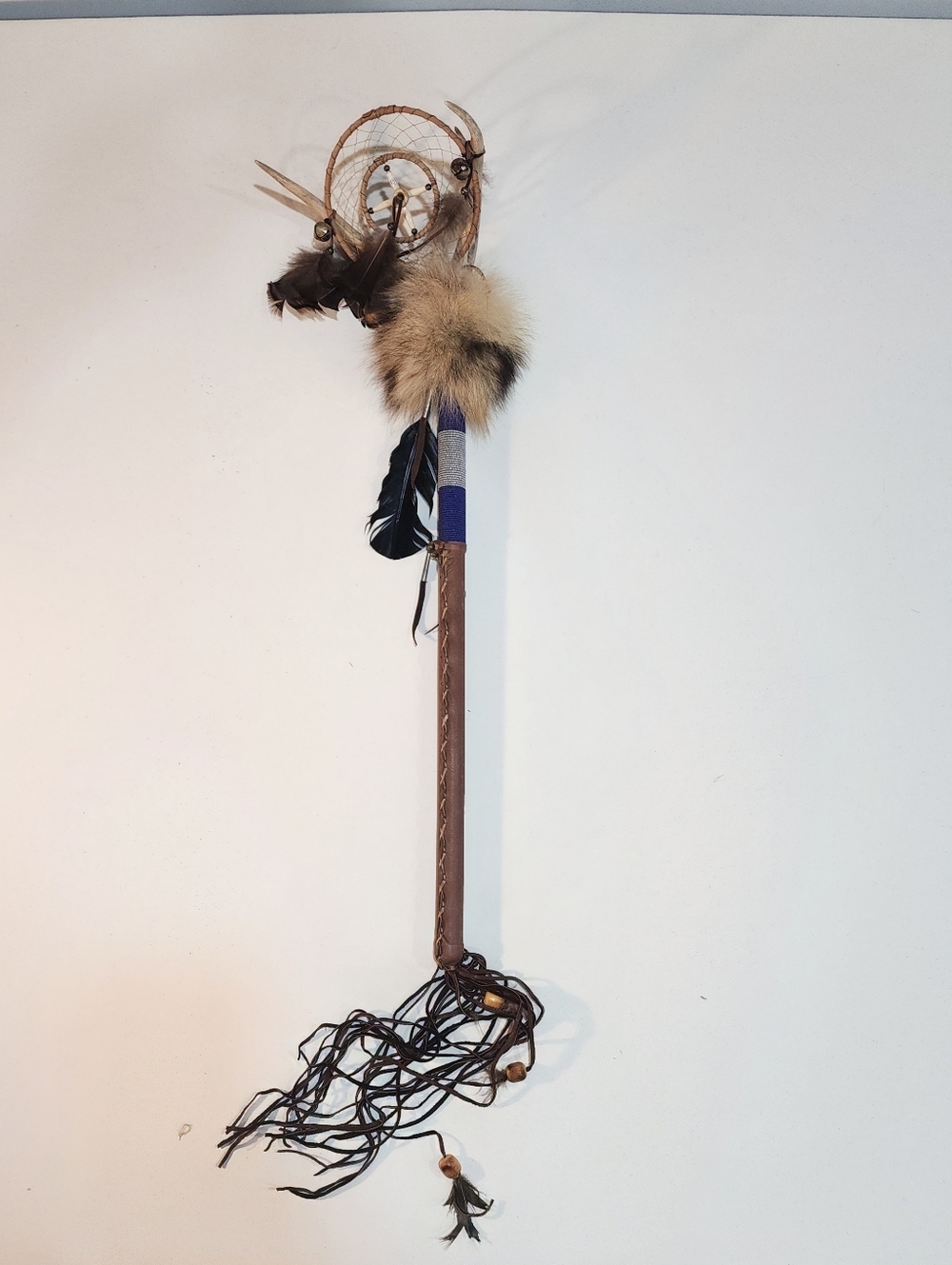 Native American Dance Stick With Dream Catcher, Feather, Antlers